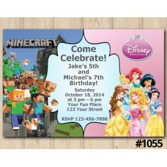 Twin Minecraft and Disney Princesses Invitation